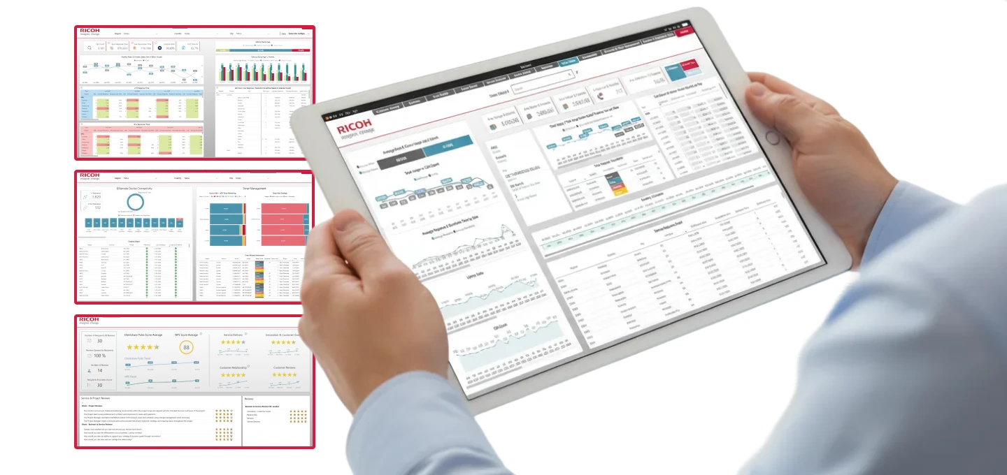 Person holding a tablet with a business intelligence dashboard featuring charts and performance metrics.