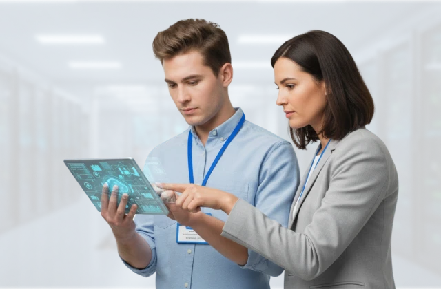 Two people reviewing a digital tablet beside a large padlock graphic, with cloud outlines symbolising secure cloud technology.